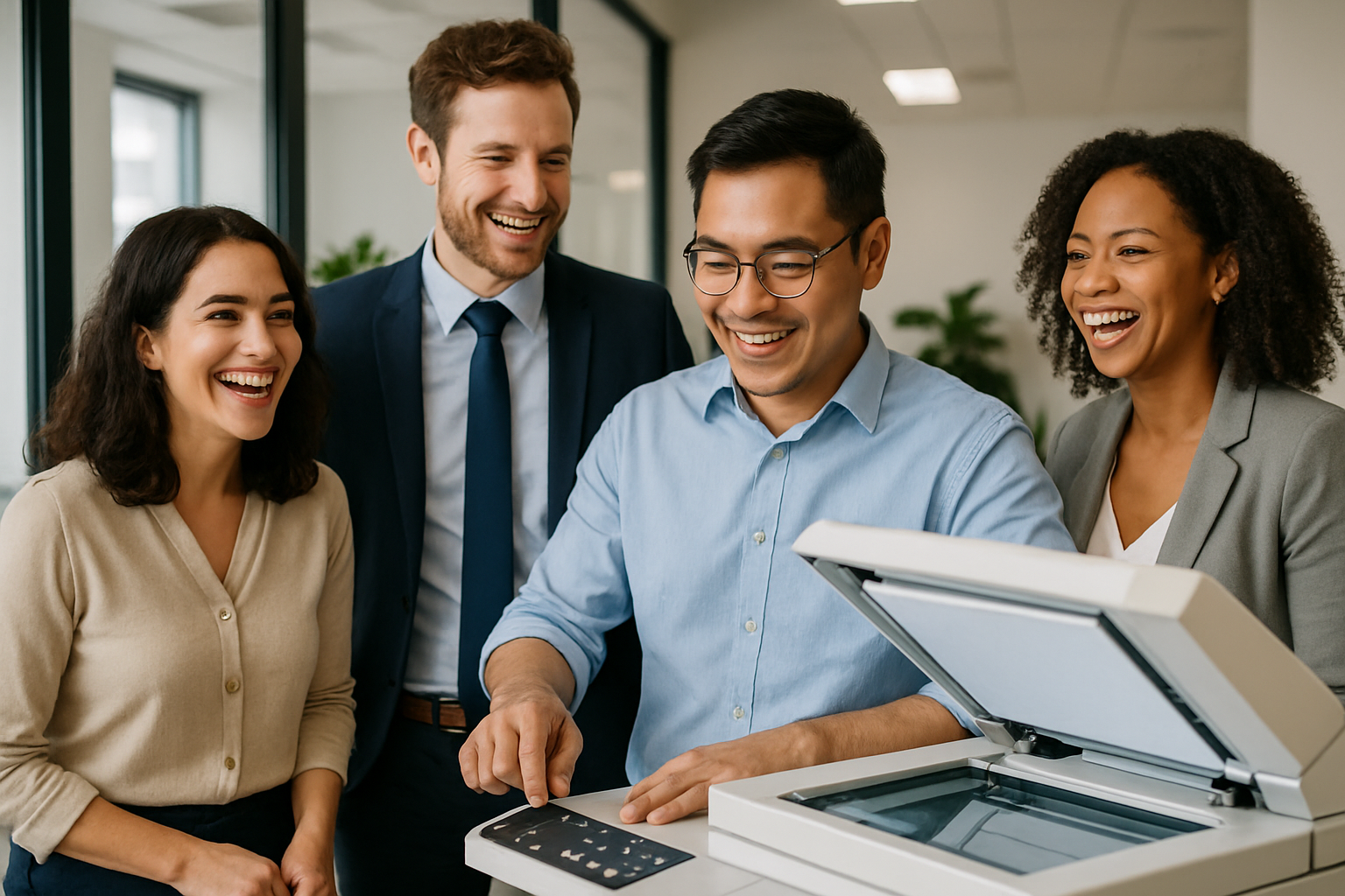 Happy office environment around a copier machine 525 x 350